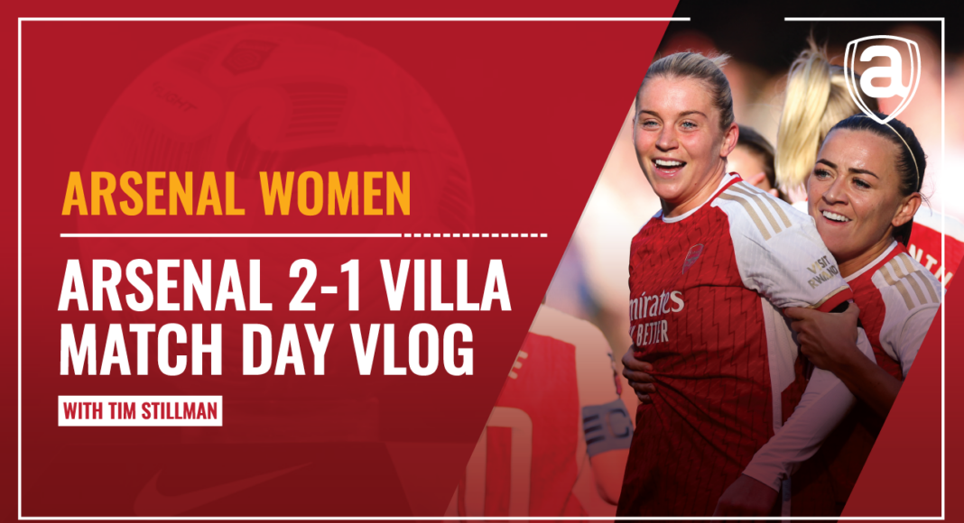 Video thumbnail for Arsenal v Aston Villa match day vlog. Image shows Alessia Russo and Katie McCabe celebrating.